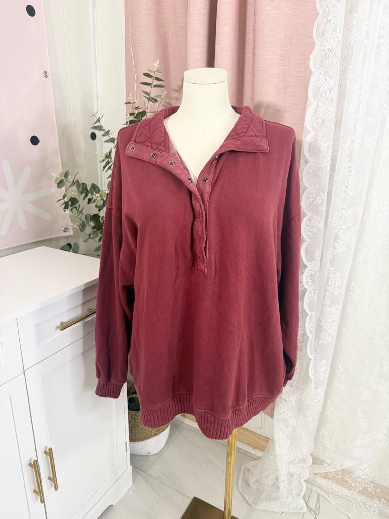 Aerie Oh Snap! Oversized Snap-Placket Pullover Sweatshirt - Deep Mauve Bin#9
